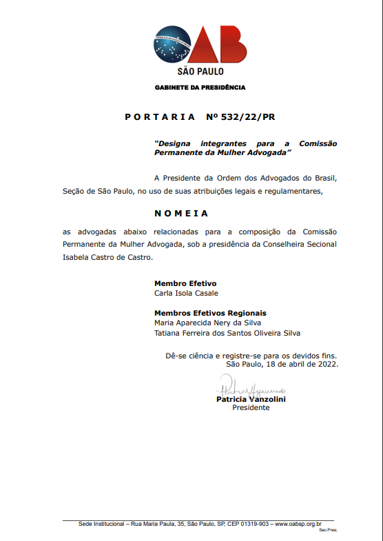 No momento, você está visualizando Nomeação para a Comissão Permanente da Mulher Advogada – OAB/SP